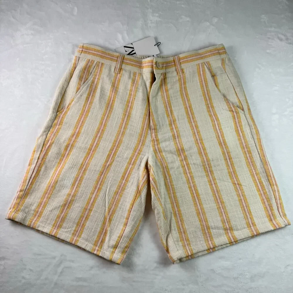 Zara Men Linen Blend Shorts Yellow Pink Old Money Resort Casual Size M NWT - Picture 1 of 11